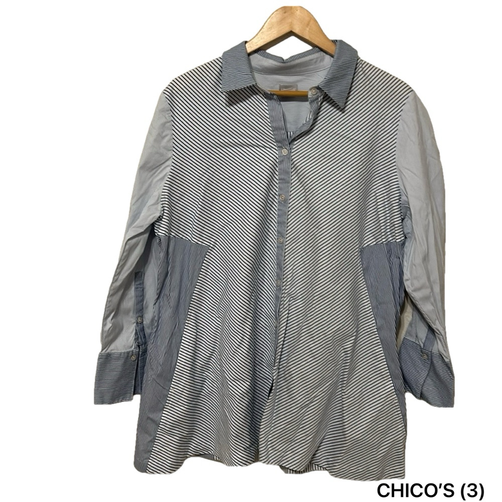 Chico’s poplin blue tunic stripe mix shirt  size 3 GUC